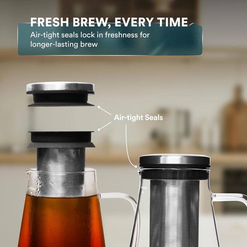 ovalware Airtight Cold Brew Iced Coffee Maker Pitcher (& Iced Tea Maker) with Spout – 1.5L/ 51oz Brewing Glass Carafe with Removable Stainless Steel Filter - Image 5